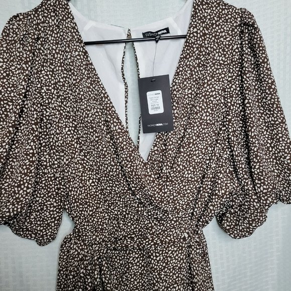NWT Fashion Nova Dottie Printed Mini Dress - Brown/White combo, Size: 1X - Picture 8 of 10